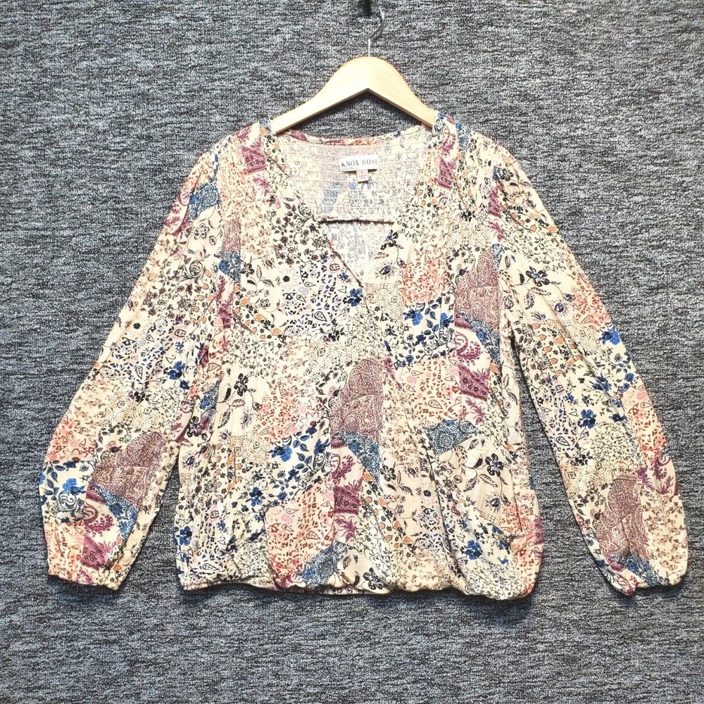 Knox Rose Boho Patchwork Blouse Womens L Cream Paisley Floral V Neck Earthy‎ Top